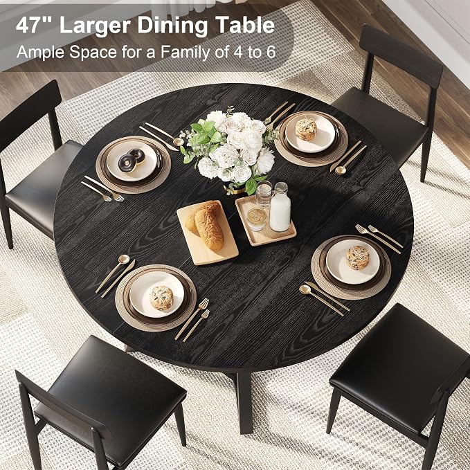 knoworld 47" Round Dining Table for 4, Kitchen Tables Dining Room Circle Dinner Table with Pedestal Metal Frame, Space Saving Wood Industrial Kitchen & Dining Room Tables, Black 47In