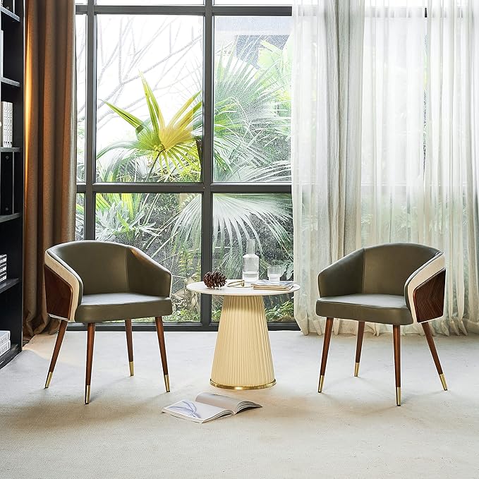 ARTPLAN Modern Upholsted Accent Dining Chairs,Mid-Century Faux Leather with Walnut for Kitchen,Office Waiting Room Arm Sitting Chair, Beech Legs Dissassembly Adjustable Feet,Army Green