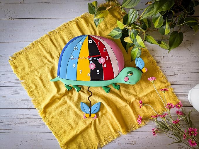 Enesco Allen Designs One Shell of a Time Rainbow Turtle Sculpted Pendulum Wall Clock, 7.28 Inch, Multicolor