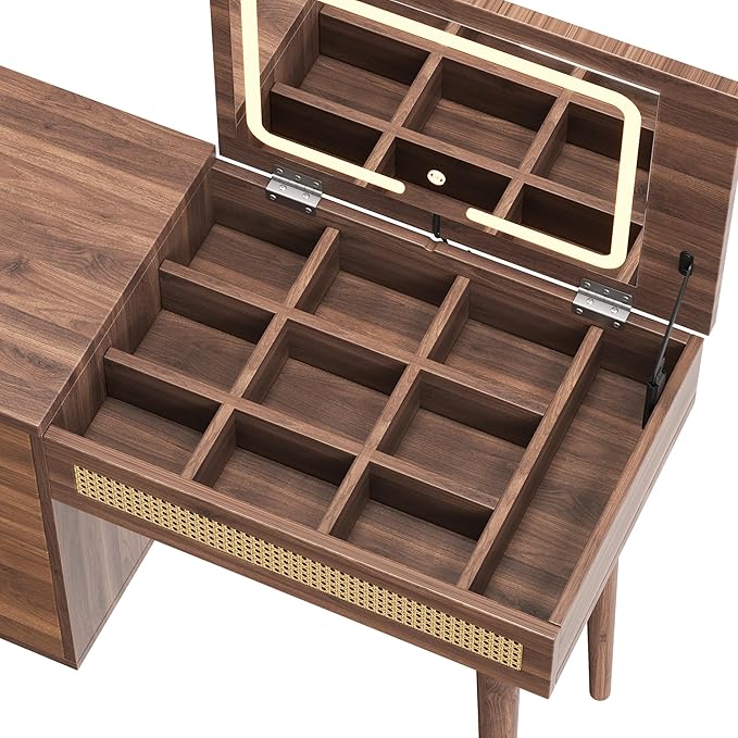 39" Wooden Makeup Vanity Set with 3 Rattan Drawer and Stool, Retro Walnut Dressing Table with Mirror and LED Lights, Vintage Bohemian Fluted Vanity for Bedroom Living Room