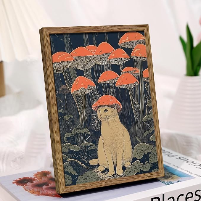 Framed Vintage Cat Wall Art, Whimsical White Cat with Mushroom Hat in Forest Canvas Print, Fantasy Quirky Woodland Animal Painting, Funny Retro Wall Decor for Living Room Bedroom Study 16x24in