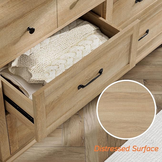 WAMPAT Farmhouse Dresser for Bedroom with 6 Drawers, Kids Dressers with Wide Chest of Drawers, Light Wood Dresser TV Stand for Living Room, Baby Closet Storage Organizer for Nursery, Hallway, Oak