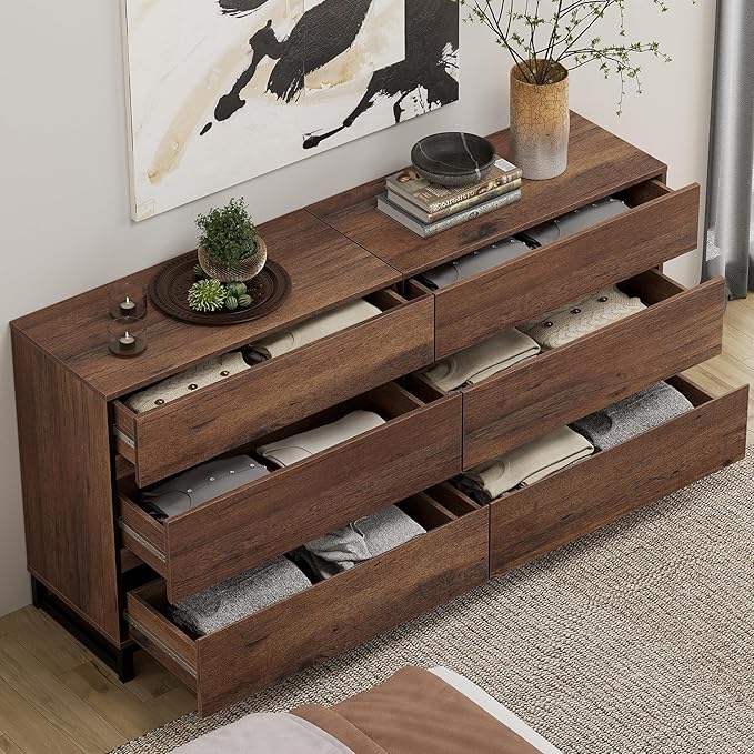 WAMPAT Dresser for Bedroom, Closet Organizers and Storage with 12 Drawers, Chest of Drawers with Metal Base, Wooden Modern Dresser for Living Room, Bedroom, Entryway, Brown