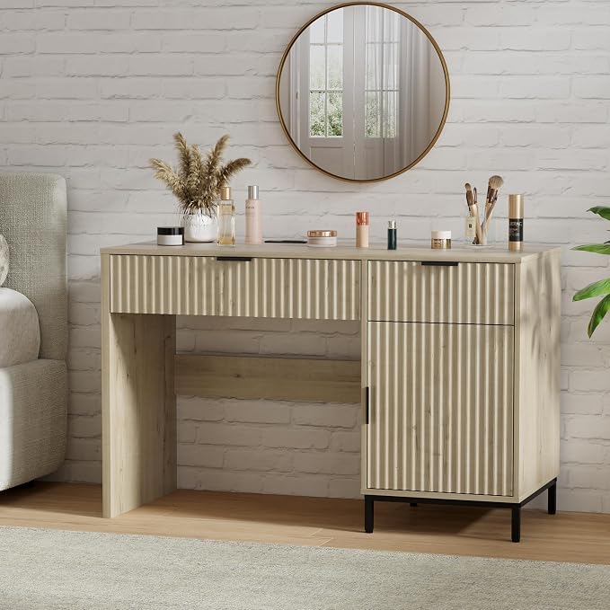 47" Home Office Desk with Fluted Drawers, Wood Exectuive Desk with Storage Cabinet, Charging Station, Metal Legs Modern Farmhouse Computer Desk for Work, Study Light Oak