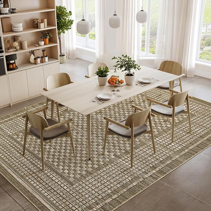 Washable Rugs 9 x 12 Rug for Living Room Modern Bedroom Rug Contemporary Large Area Rug Non Slip Throw Rugs Checkered Farmhosue Stain Resistant Carpet for Office Dining Room 9'x12' Brown