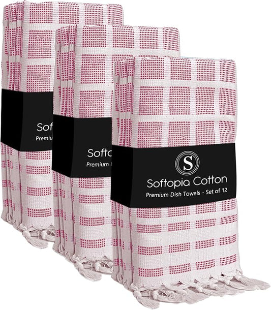 Matrix Dobby Kitchen Towels 12 Pack 100% Cotton, 16x26 Inches, Decorative Tea Towels with Handmade Tassels, Absorbent Reusable Dish Cloths for Kitchen Drying - Burgundy Wine, Natural
