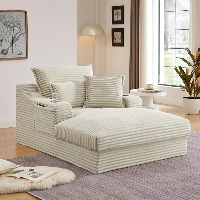 67" Oversized Chaise Lounge Chair Indoor, Boneless Cloud Couch with 3 Pillows, 2 Side Pockets and 2 Cup Holders, Corduroy Sleeper Sofa Bed for Living Room Bedroom Reading Nook - Camel