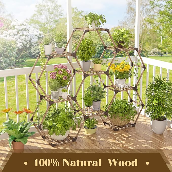 Tikea Hexagonal Plant Stand Indoor Plant Stand for Multiple Plants Outdoor Large Wooden Plant Shelf 6 Tiered 9 Potted Plant Holder Flowers Stand for Patio Balcony Window Living Room