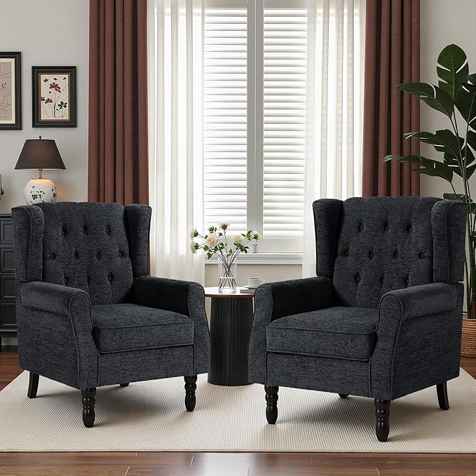 High Back Accent Chair, Accent Chair for Living Room, Button-Tufted Upholstered Fabric Armchair with Solid Wood Legs, Comfy Single Sofa Reading Chair for Bedroom,Black Blue