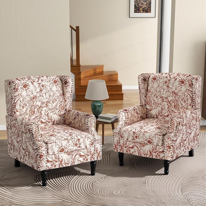 High Back Floral Accent Chair, Fabric Wingback Chair Upholstered Armchair for Living Room - Rococo Orange
