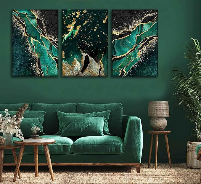 WSTUKVV 3Pcs Green and Gold Wall Art Abstrct Gold Foil Lines Posters Pictures Marble Texture Canvas Prints Dark Green Paintings for Nordic Living Room Bedroom Office Home Wall Decor Ready to Hang