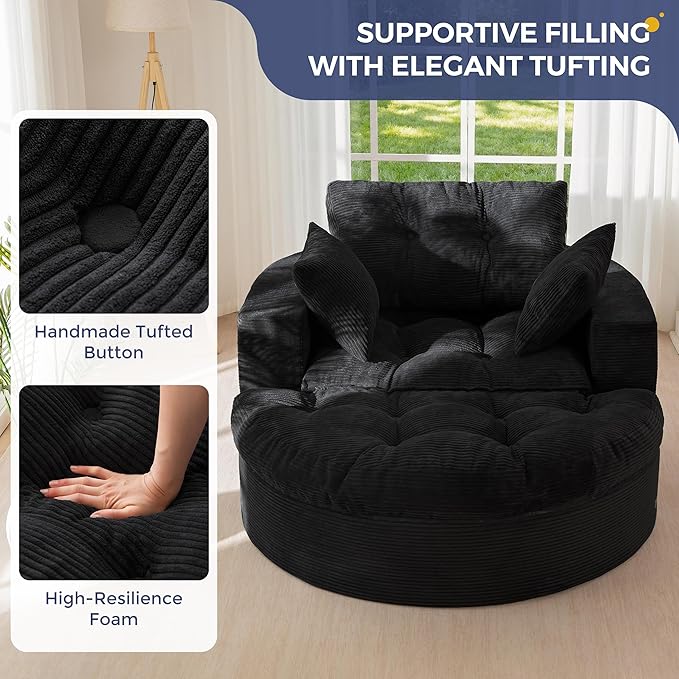 MAXYOYO Oversized Round Chaise Lounge Sofa, Upholstered Lounge Chair with 3 Pillows, Boneless Sofa Couch with Ottoman, Deep Seat Chair for Living Room, Bedroom, No Assembly, Black