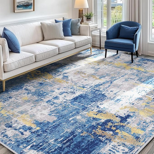 Washable Area Rugs 5'x8' Non-Slip Modern Abstract Soft for Living Room Entryway Bedroom Nursery, Print Pattern, Grey Blue Gold/Golden