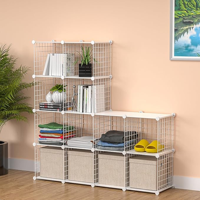 Cube Storage Organizer, Metal 12-Cube Shelves Bookshelf, Portable Closet Clothes Organizer for Bedroom, Home, Office, White