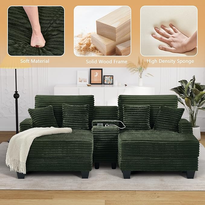 Oversized Chaise Lounge Chair Indoor with Storage & USB, Cup Holder & Ottoman, Firm Solid Wood Frame with Long Service Life Corduroy Oversized Lounge Reading Chair for Large Study Room - Green