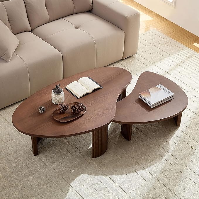 Nesting Coffee Table Set of 2, Irregular Shape Center Table 2-Piece Modern Side Table End Table for Living Room Aoartment Office, Walnut