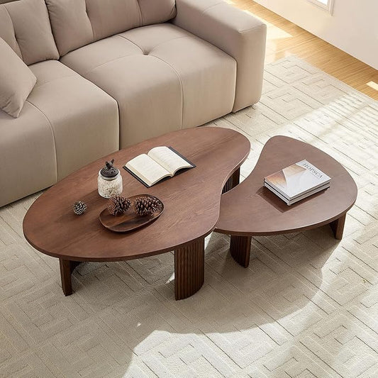 Nesting Coffee Table Set of 2, Irregular Shape Center Table 2-Piece Modern Side Table End Table for Living Room Aoartment Office, Walnut