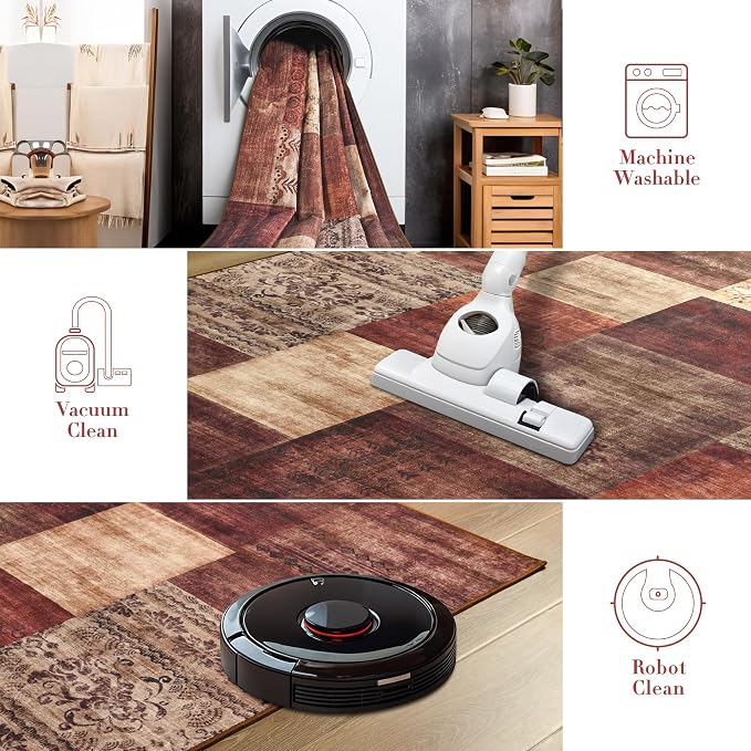 Tepook Modern Area Rug for Living Room, 8x10 Geometric Large Rugs for Bedroom, Washable Patchwork Rug Indoor Non-Slip Throw Carpets for Dining Room Office Farmhouse Home Decor, Red