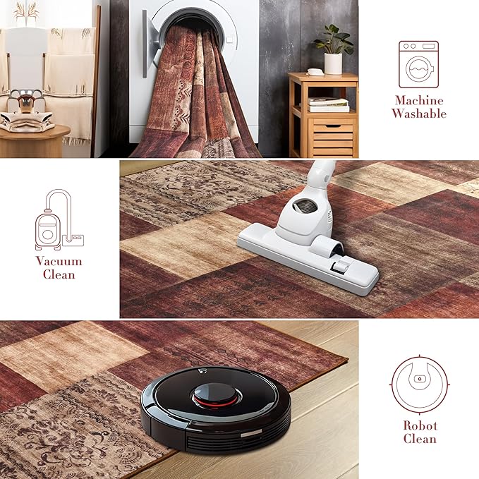 Tepook Modern Area Rugs for Living Room, 9x12 Washable Large Rug for Bedroom, Geometric Patchwork Rugs Indoor Non-Slip Throw Carpets for Dining Room Office Farmhouse Home Decor, Red