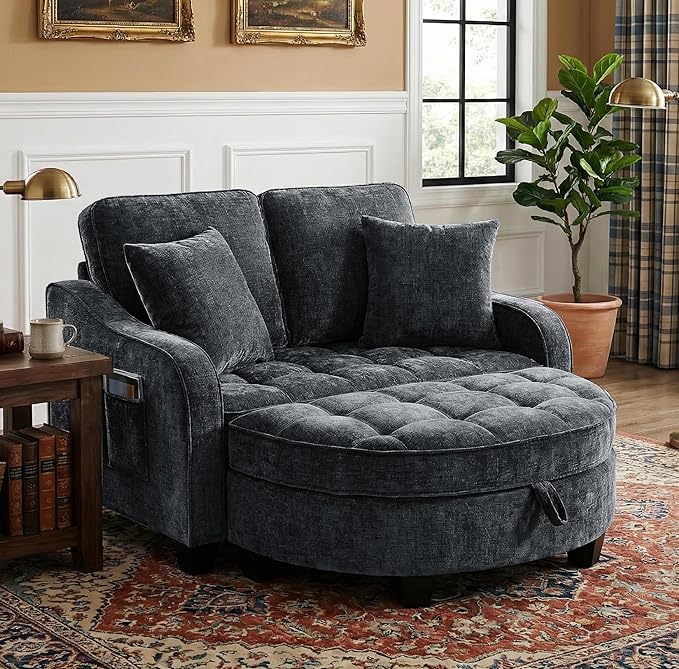 Round Chaise Lounge Chair with Storage Ottoman, Oversized Bubble Chair and a Half Featuring Adjustable Backrest, Plush Reading Accent Chair and Ottoman Set for Bedroom, Matte Black
