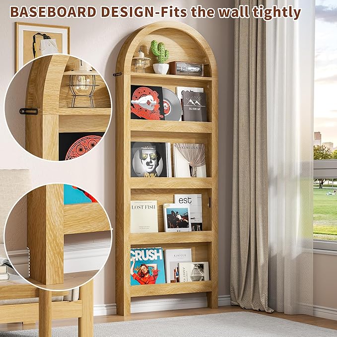 Narrow Tall Wall Mounted Bookshelf for Living Room Bedroom (Light Wood)
