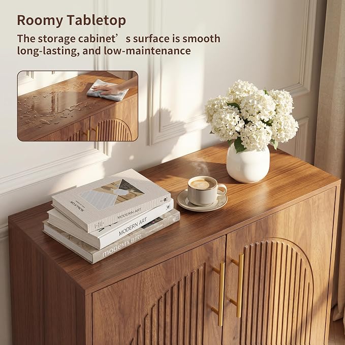 Fluted Sideboard Buffet Cabinet with Storage, Arched Doors & Adjustable Shelves, Modern Accent Credenza, Anti-Tip Console Cabinet for Living Room, Entryway, Hallway & Kitchen, Walnut
