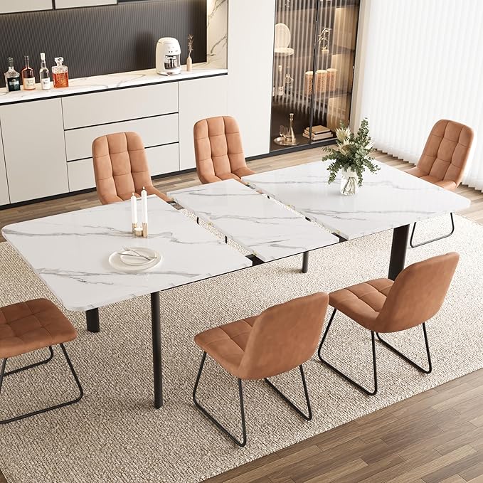 Extendable Dining Table Set for 6-8 People, 63 to 78.7 Inch MDF Kitchen Table with 6 Upholstered Chairs, Space-Saving for Dining Room, Breakfast Nook (White Table & 6 Brown U-Shaped Chairs)