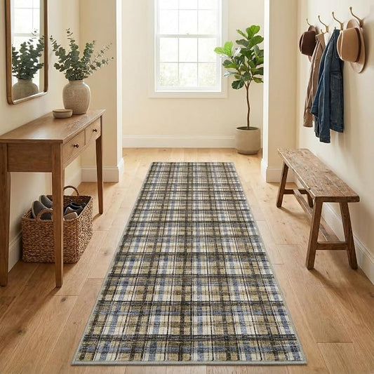 Washable Rugs 2x10 Runner Rug Modern Bordered Bathroom Rugs Non Slip Kitchen Runner Low Pile Entryway Rug Soft Runners Stain Resistant Carpet for Laundry Hallway Bedside 2'x10' Blue&Camel