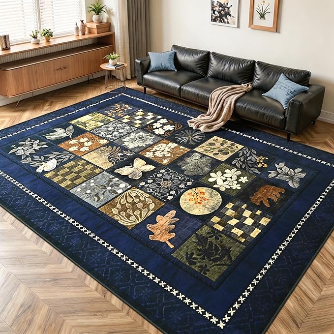 Tepook 4x6 Area Rugs for Living Room, Modern Large Geometric Rug for Bedroom, Washable Patchwork Rug Indoor Non Slip Throw Carpets for Dining Room Office Farmhouse Home Decor, Navy Blue