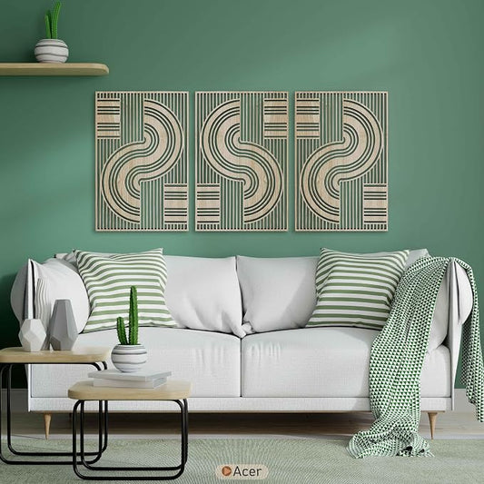 Dining Room Wall Art with Modern Geometric Wood Decor, Mid Century Abstract Line and Curve Wooden Panels, Boho Room Decor Aesthetic for Living Room and Bedroom
