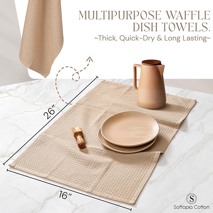 Beige Waffle Kitchen Dish Towels, 100% Cotton, Quick Dry, Super Absorbent, Soft, Lint-Free, 16x26 Inches - Ideal for Dish Drying, Bar, Tea, Cleaning, and Everyday Use, 12 Pack, Tan