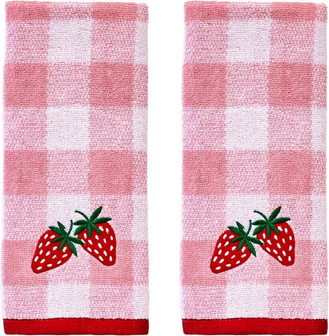 SKL Home Buffalo Plaid Strawberry 100% Cotton Jacquard 2pc Hand Towel Set, Embroidered & Decorative for Bath/Kitchen/Bar & Gift, Pink