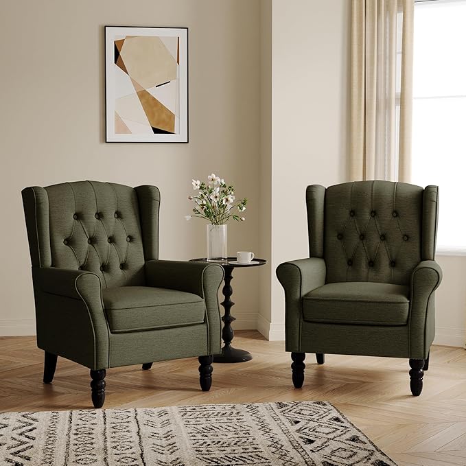 Lumibee High Back Accent Chairs Set of 2,Upholstered Wingback Armchair with Solid Wood Legs for Small Spaces,Comfy Single Sofa Chair for Living Room, Bedroom, Office-Green
