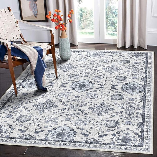 vivorug 6x9 Rug, Stain Resistant Washable Rug for Living Room, Floral Area Rug Vintage Inspired (Ivory/Blue, 6'x9')
