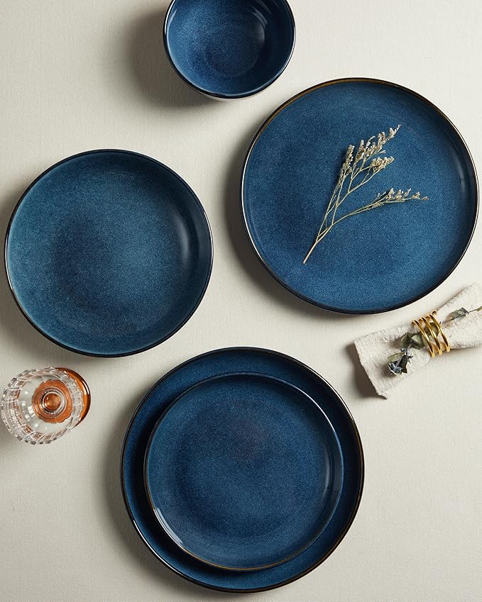 Stoneware Dinnerware Sets Service for 4, 12 pcs Reactive Glaze Plates and Bowls Sets, Handmade Ceramic Dish Set, Highly Chip and Crack Resistant Modern Plate Set, Starry Blue