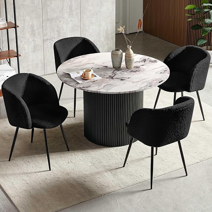 Wooden Dining Table Set with 4 Seated Dining Arm Chairs, 47-in Industrial Kitchen Table Round with Black Upholstered Barrel Side Accent Chairs Set, Classic Breakfast Nook Dinette Set