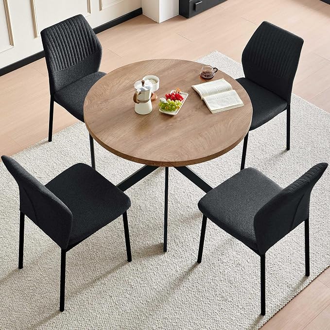 37" Round Dining Table Set for 4, Mid Century Modern Small Coffee Set for Dining Room Kitchen Apartment (Walnut Table + 4 Linen Fabric Black Chairs)