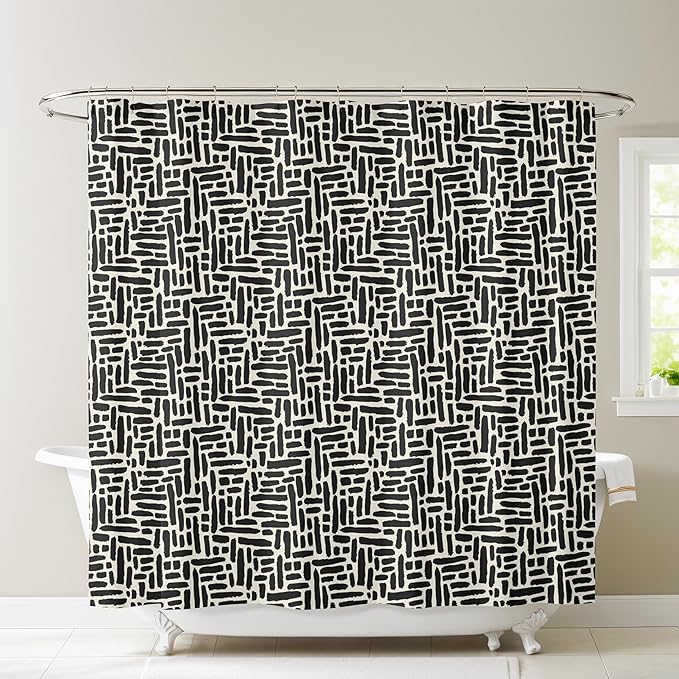 Modern Black and Ivory Brushstroke Print Shower Curtain - Abstract Minimalist Pattern - Neutral Design - Trendy Fabric Shower Curtain for Any Bathroom - 72x72 Inches (Brushstroke)