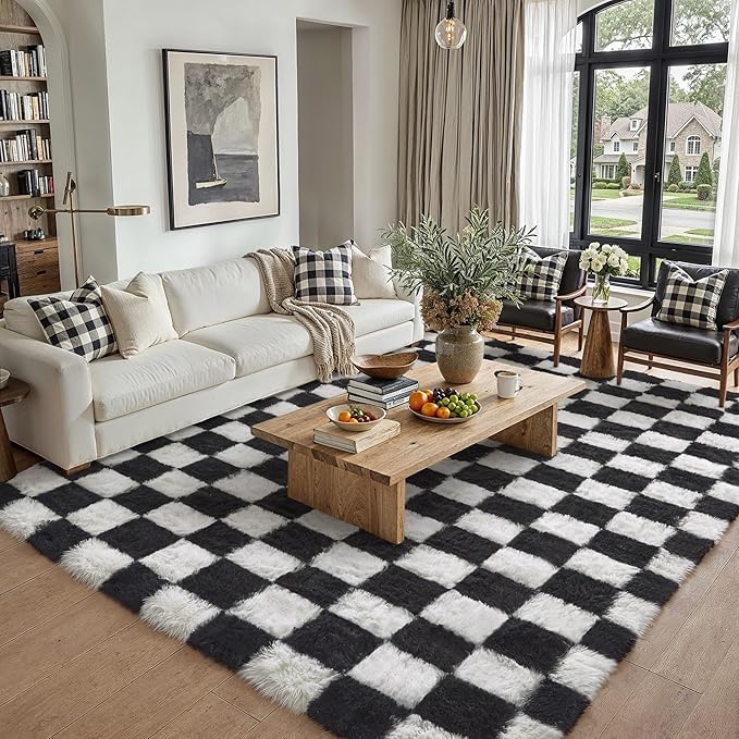 Checkered Rug 6x9 for Living Room, Black and White Modern Shag Rug Washable Non-Slip Large Area Rug Super Soft Indoor Fuzzy Carpet Fluffy Rugs for Bedroom Home Aesthetic Decor