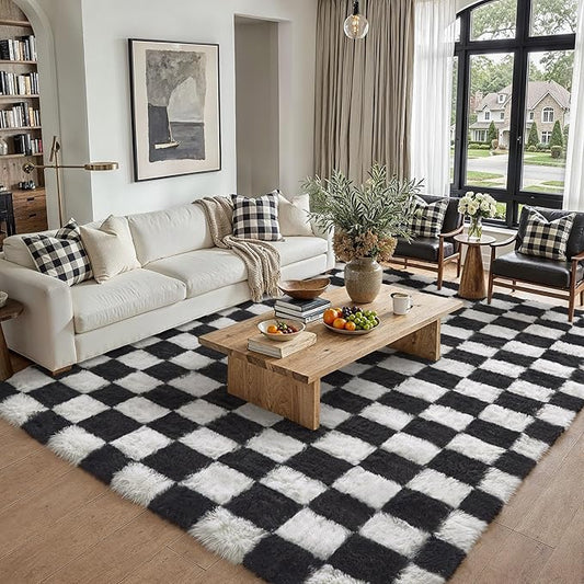Checkered Rug 6x9 for Living Room, Black and White Modern Shag Rug Washable Non-Slip Large Area Rug Super Soft Indoor Fuzzy Carpet Fluffy Rugs for Bedroom Home Aesthetic Decor