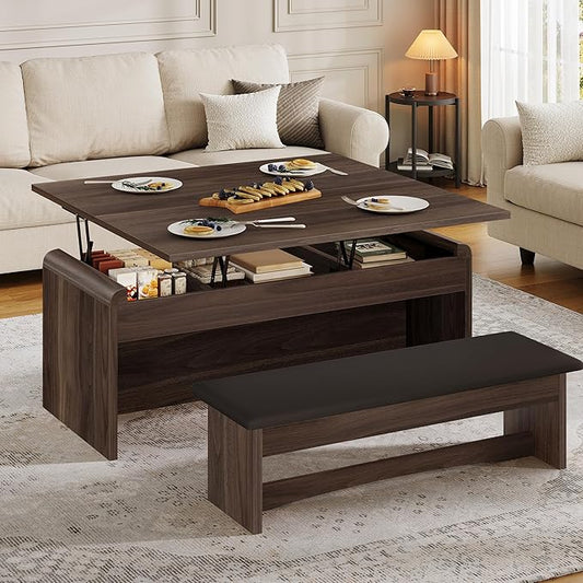 Coffee Table Lift Top, 40'' Multi-Function Coffee Table Set with Bench & Hidden Compartment, Center Table w/Curved Corner, Converts to Home Office Table, Dining Table for Living Room, Walnut