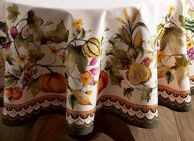 Maison d' Hermine Table Cloth Round Table 100% Cotton 69 Inches Fall Tablecloth Reusable Everyday Use for Thanksgiving Christmas Decorations Dining Farmhouse Party (Pumpkin Garden - Cloudy Cream)