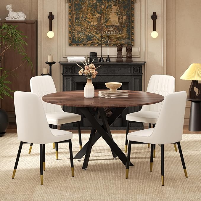 RGZ Mid Century Walnut Round Dining Table Set for 4, 47" Large Wooden Circle Kitchen Table & 4 White PU Leather Kitchen Chairs, Dinner Table Set for Home, Apartment, Dining Room