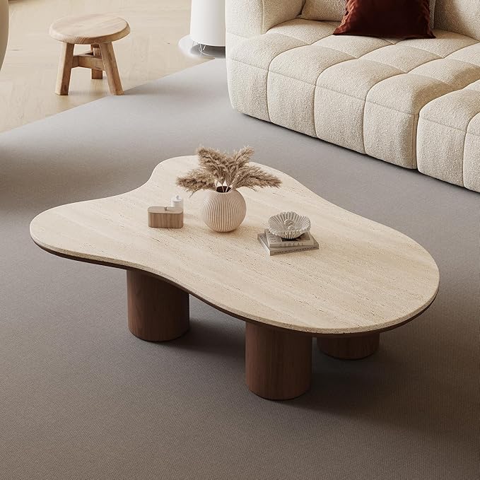 Cloud Shape Coffee Table, Walnut Wood Coffee Table for Living Room, Irregular Indoor Tea Table, 48.4" Modern Home End Table with 4 Legs(Stone, Brown)