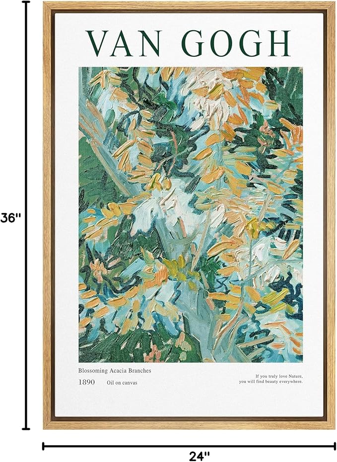 SIGNLEADER Framed Canvas Print Wall Art Blossoming Acacia Branches Floral Plants Illustrations Expressionism Chic Relax/Calm Multicolor Ultra for Living Room, Bedroom, Office - 24"x36" NATURAL