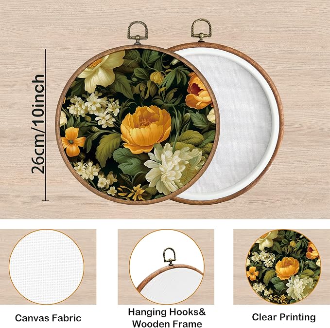 KSDUT Rustic Flower Wall Art Decor - Botanical Neutral Mid Century Modern Wall Art Canvas Frame Hanging Prints, Vintage Retro Round Wall Art Decor for Home Decorations 10"x10"