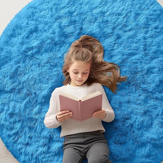 OLANLY Bright Blue Round Rugs for Bedroom - Machine Washable, 5 ft Circle Area Rugs for Living Room, Soft and Fluffy Shaggy Carpet for Teen Girl and Boys, Nursery Rooms, Dorms, Home Decor Aesthetic