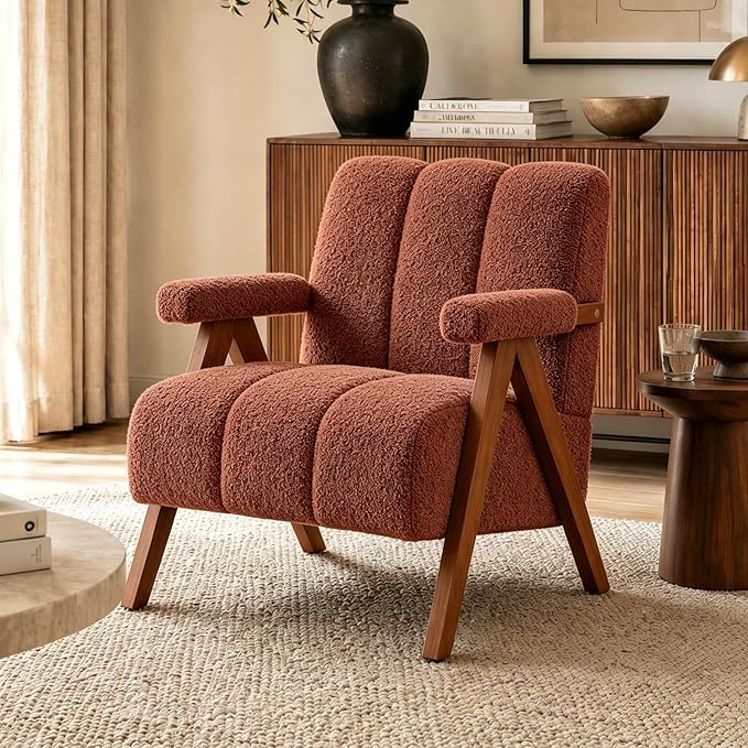 Mid Century Modern Accent Chair with Solid Oak Wood Frame, Upholstered Chenille Lounge Chair with Thick Cushion and Ergonomic Backrest for Living Room Bedroom Balcony, Rust Red