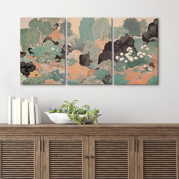 wall26 Canvas Print Wall Art Set Vintage Japanese Garden Landscape Decorative Minimal Relax/Zen for Living Room, Bedroom, Office - 24"x36" x 3