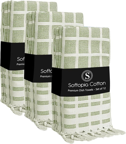 Matrix Dobby Kitchen Towels 12 Pack 100% Cotton, 16x26 Inches, Fast Drying, Absorbent Dish Towels with Handmade Tassels, Reusable Cleaning Cloths for Daily Use - Mint Green, White